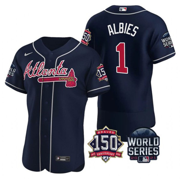 Men's Navy Atlanta Braves #1 Ozzie Albies 2021 World Series With 150th Anniversary Patch Stitched Baseball Jersey